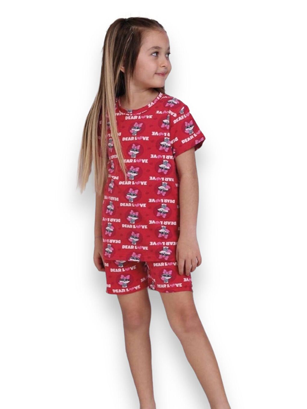 Kırmızı Kız Bebek Kalpli Kedi Baskılı Şortlu Yazlık 2'li Pijama Takımı