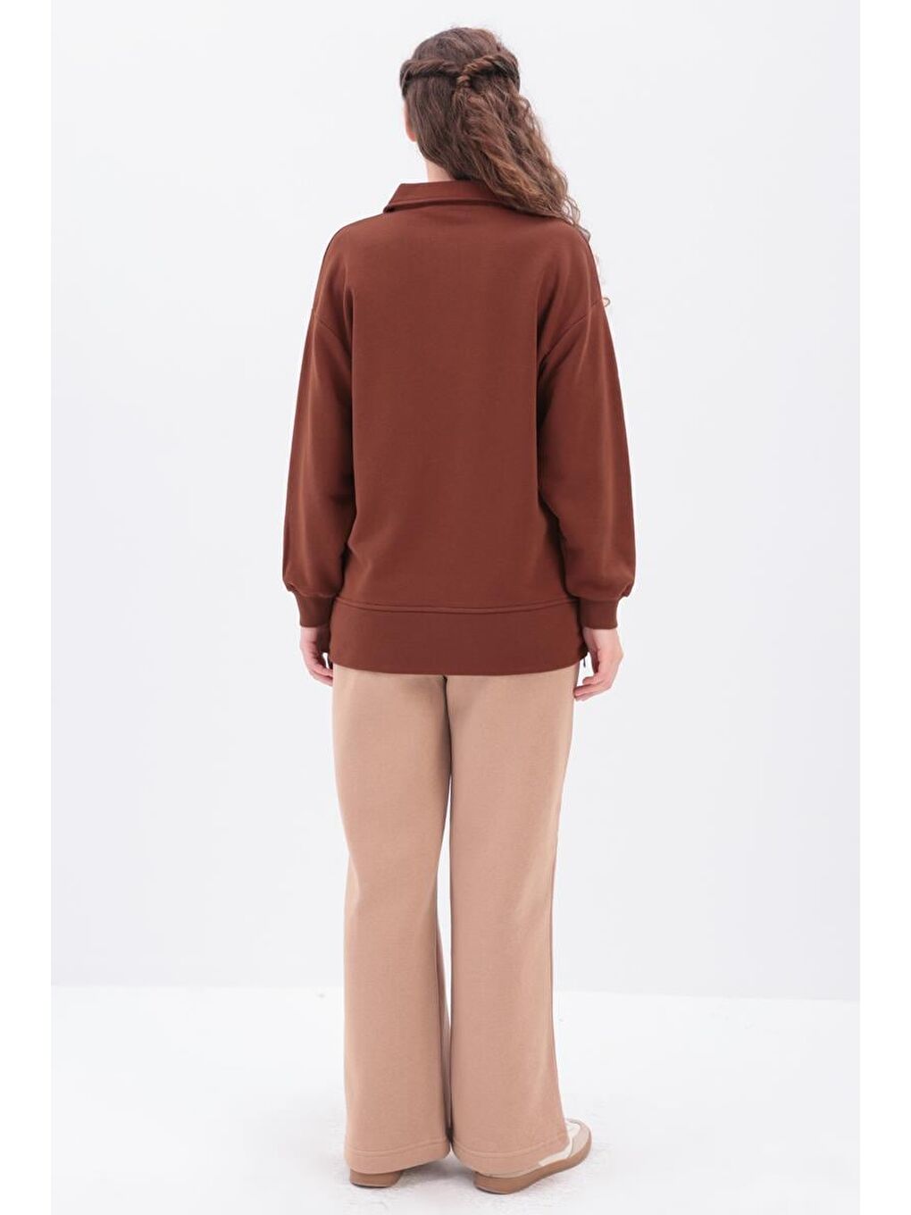 Kahverengi Kahve Yanları Fermuarlı Yakalı Sweat Tunik-2