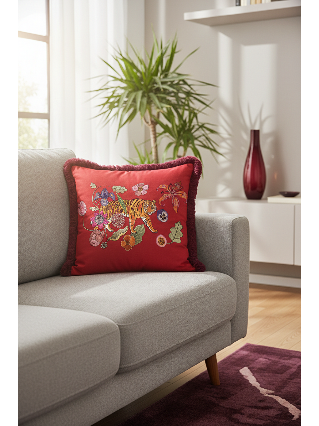 Karışık Egzotik Kaplan Nakışlı Saçaklı Yastık Kılıfı - Doğal Vahşi Bohem Kırmızı Mor Püsküllü Kırlent Kılıfı-1