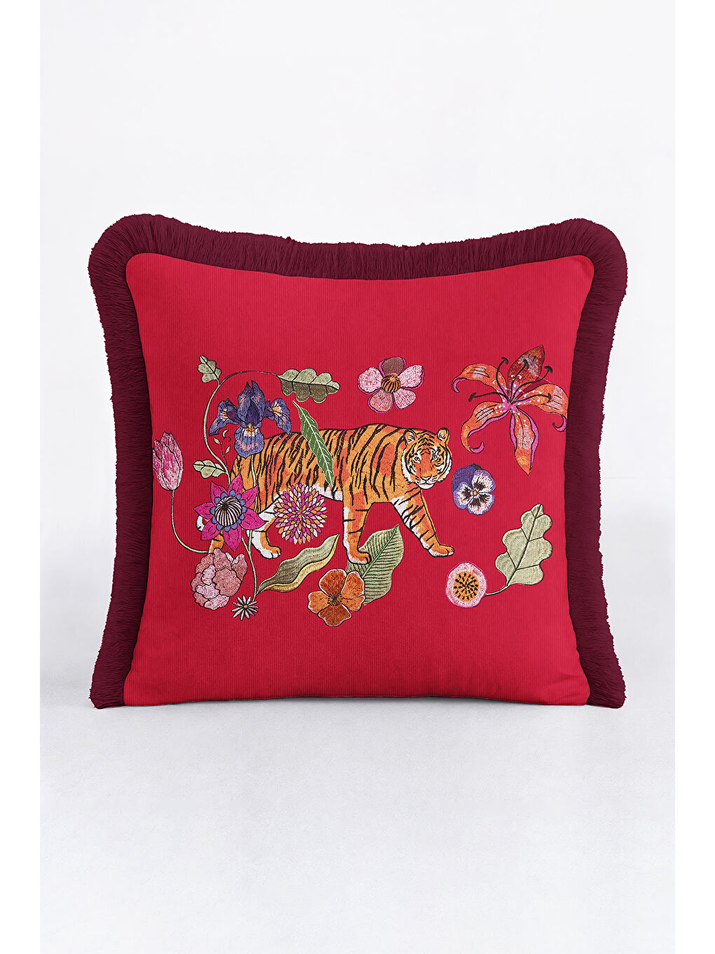 Karışık Egzotik Kaplan Nakışlı Saçaklı Yastık Kılıfı - Doğal Vahşi Bohem Kırmızı Mor Püsküllü Kırlent Kılıfı-2