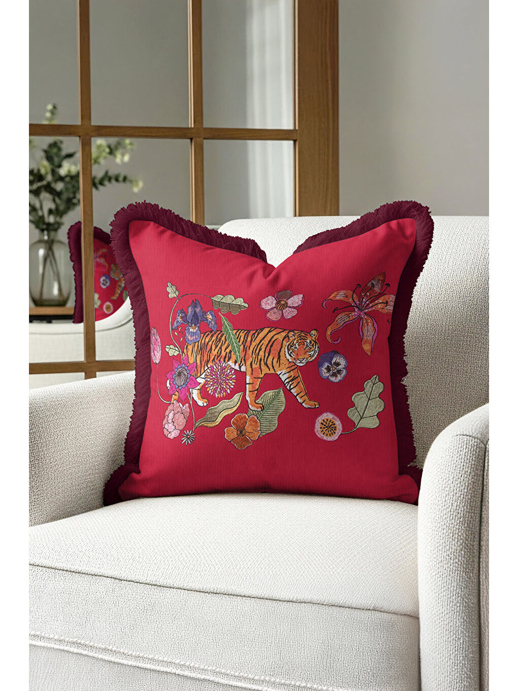 Karışık Egzotik Kaplan Nakışlı Saçaklı Yastık Kılıfı - Doğal Vahşi Bohem Kırmızı Mor Püsküllü Kırlent Kılıfı-3