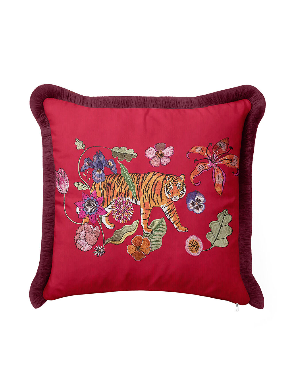 Karışık Egzotik Kaplan Nakışlı Saçaklı Yastık Kılıfı - Doğal Vahşi Bohem Kırmızı Mor Püsküllü Kırlent Kılıfı-4