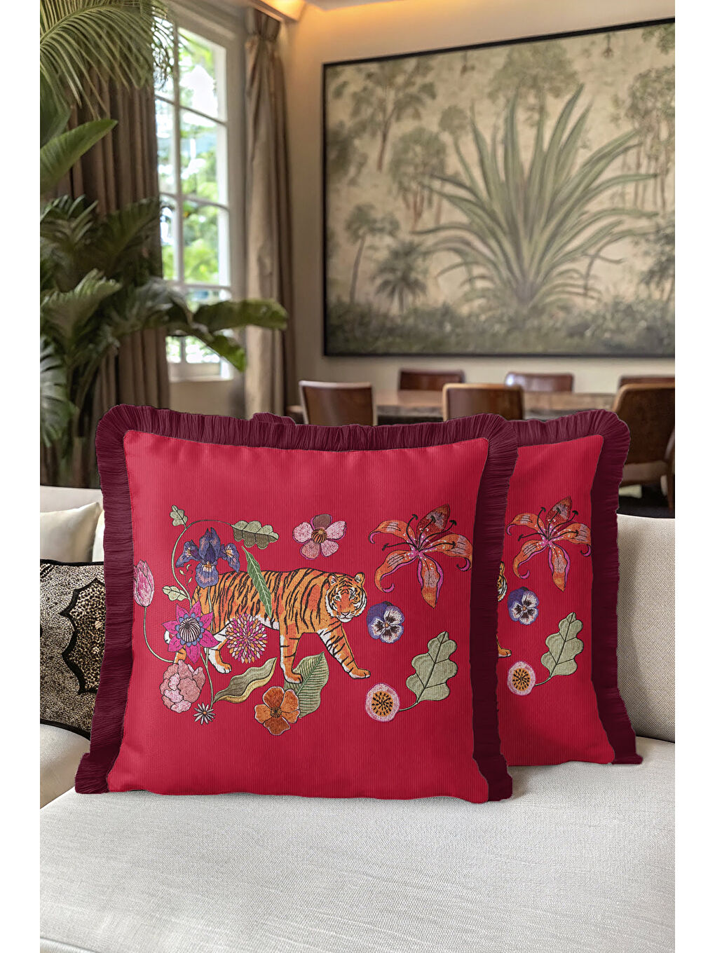 Karışık Egzotik Kaplan Nakışlı Saçaklı Yastık Kılıfı - Doğal Vahşi Bohem Kırmızı Mor Püsküllü Kırlent Kılıfı-5