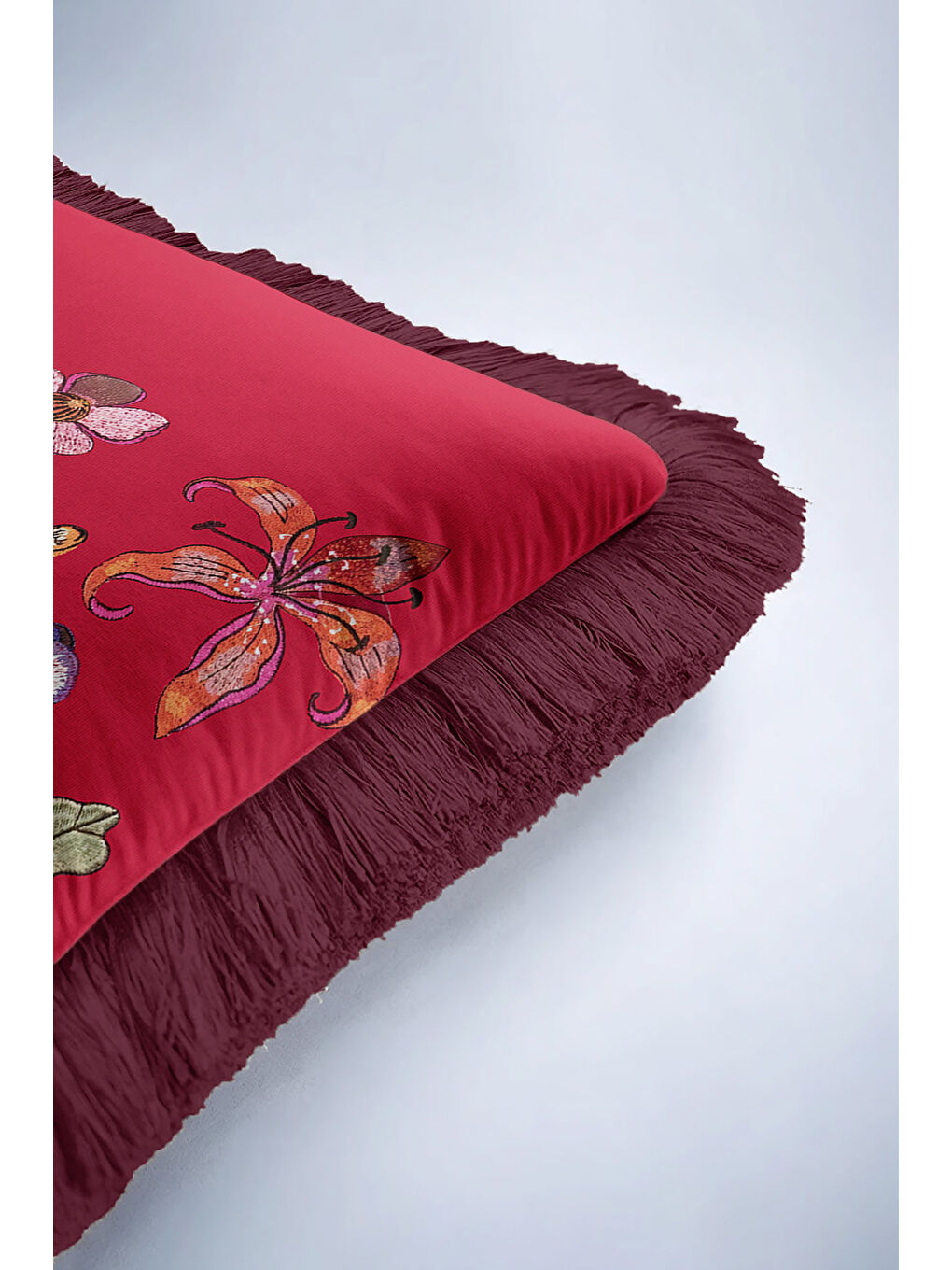 Karışık Egzotik Kaplan Nakışlı Saçaklı Yastık Kılıfı - Doğal Vahşi Bohem Kırmızı Mor Püsküllü Kırlent Kılıfı-6