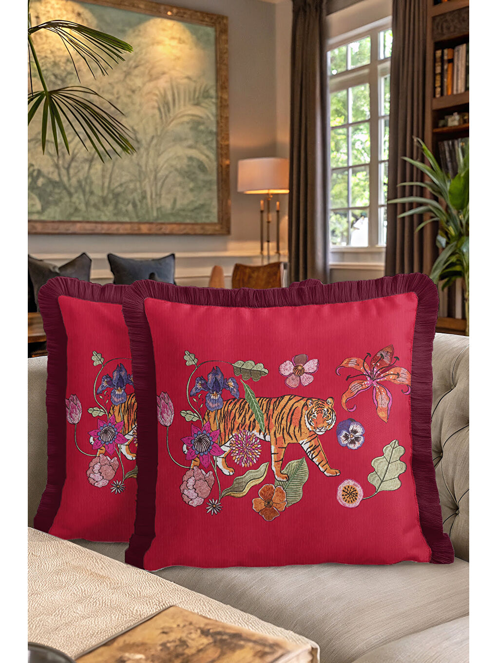 Karışık Egzotik Kaplan Nakışlı Saçaklı Yastık Kılıfı - Doğal Vahşi Bohem Kırmızı Mor Püsküllü Kırlent Kılıfı-7