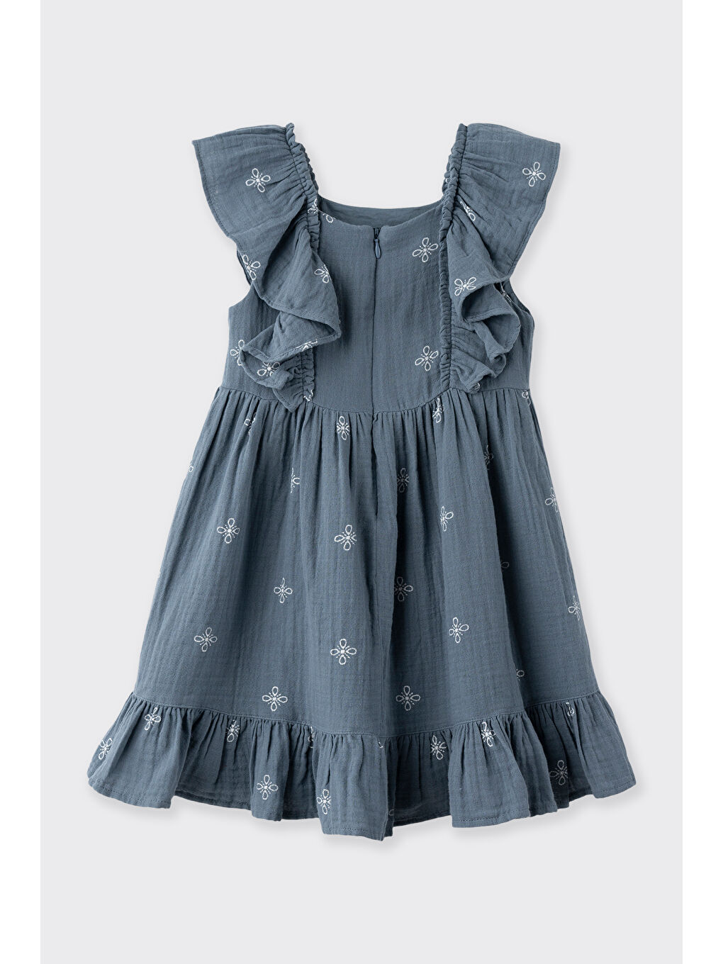 Kız Çocuk Fırfır Detaylı Müslin İndigo Elbise-1