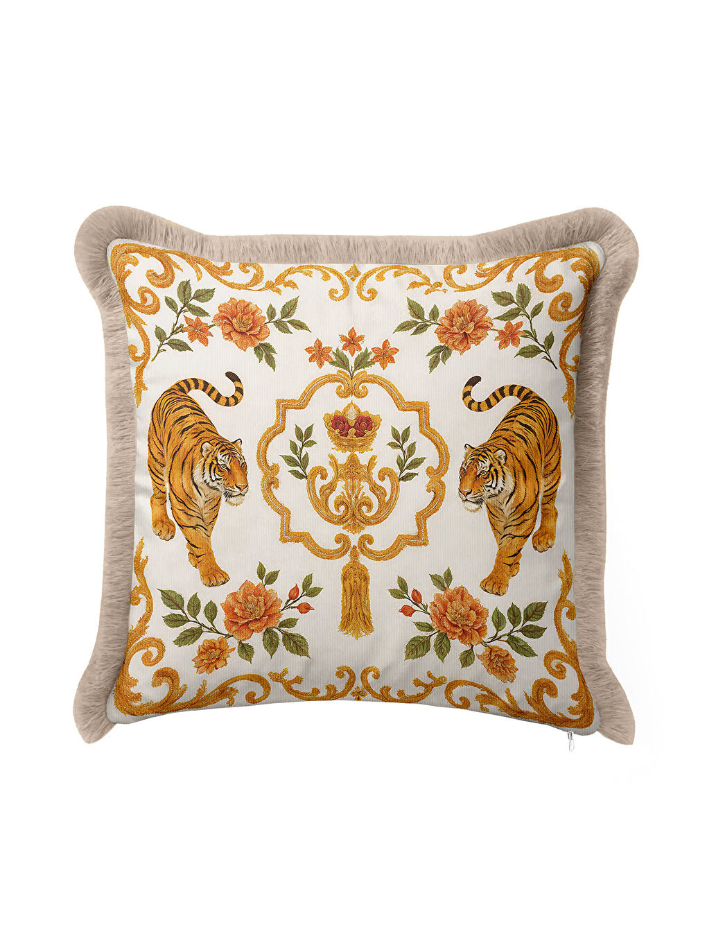 Karışık Hayvan Figürlü Barok Saçaklı Yastık Kılıfı - İhtişamlı Bohem Altın Renkli Püsküllü Kırlent Kılıfı-1