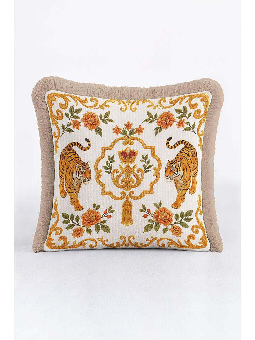 Karışık Hayvan Figürlü Barok Saçaklı Yastık Kılıfı - İhtişamlı Bohem Altın Renkli Püsküllü Kırlent Kılıfı-2