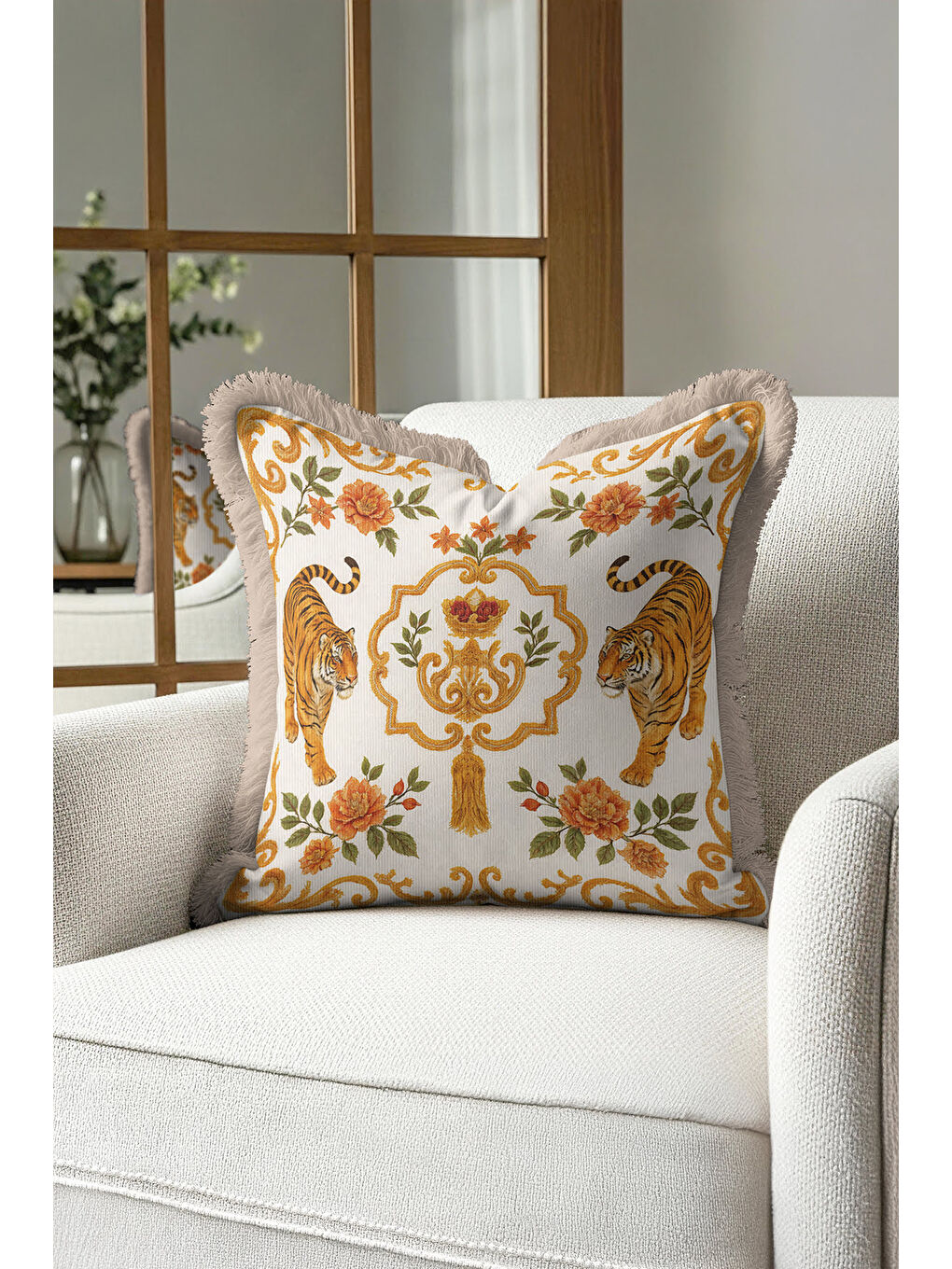 Karışık Hayvan Figürlü Barok Saçaklı Yastık Kılıfı - İhtişamlı Bohem Altın Renkli Püsküllü Kırlent Kılıfı-3