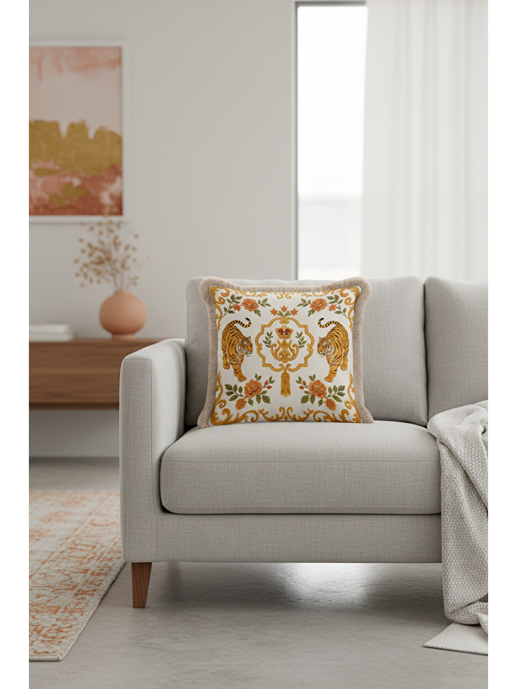 Karışık Hayvan Figürlü Barok Saçaklı Yastık Kılıfı - İhtişamlı Bohem Altın Renkli Püsküllü Kırlent Kılıfı-4