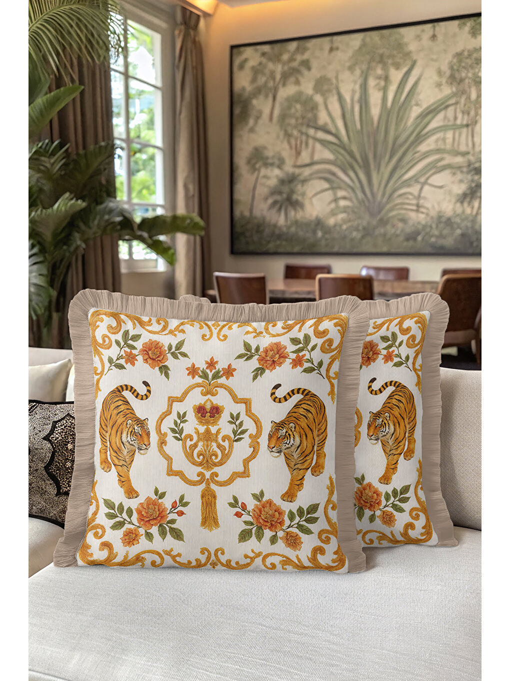 Karışık Hayvan Figürlü Barok Saçaklı Yastık Kılıfı - İhtişamlı Bohem Altın Renkli Püsküllü Kırlent Kılıfı-5