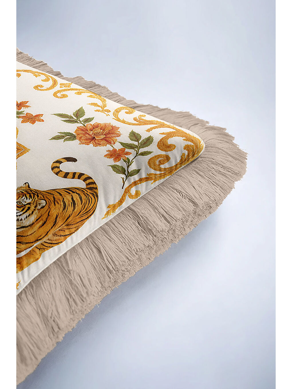 Karışık Hayvan Figürlü Barok Saçaklı Yastık Kılıfı - İhtişamlı Bohem Altın Renkli Püsküllü Kırlent Kılıfı-6