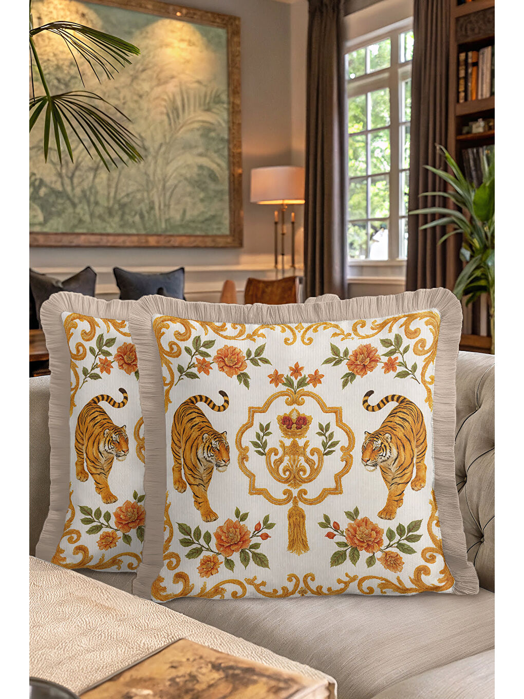 Karışık Hayvan Figürlü Barok Saçaklı Yastık Kılıfı - İhtişamlı Bohem Altın Renkli Püsküllü Kırlent Kılıfı-7