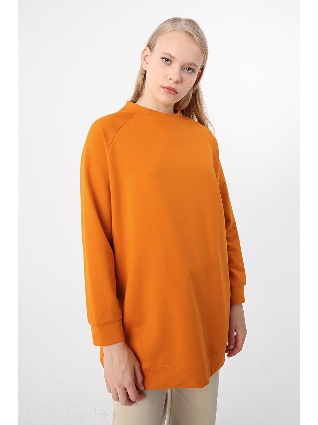 Turuncu-Bisiklet Yaka Reglan Kol Elastanlı Sweat