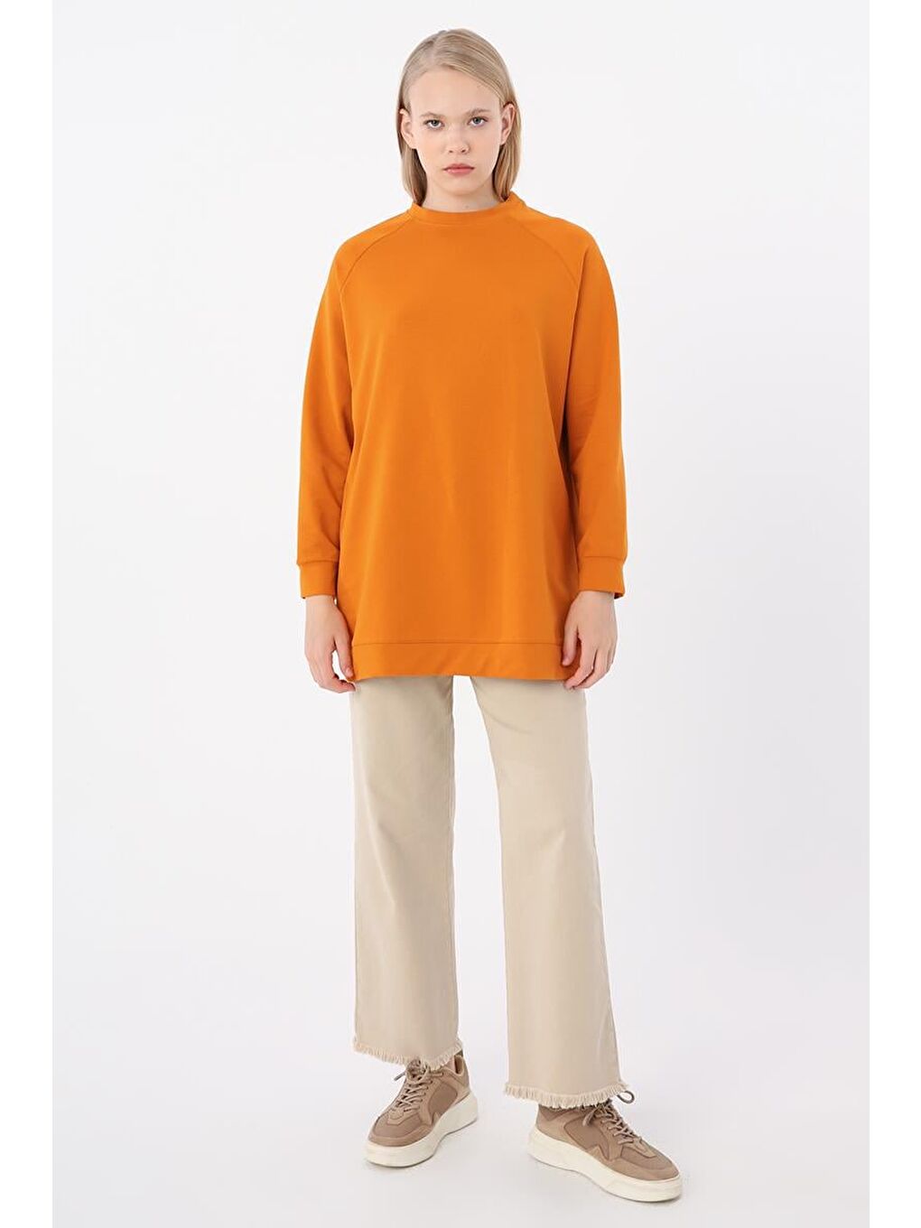 Turuncu-Bisiklet Yaka Reglan Kol Elastanlı Sweat-1