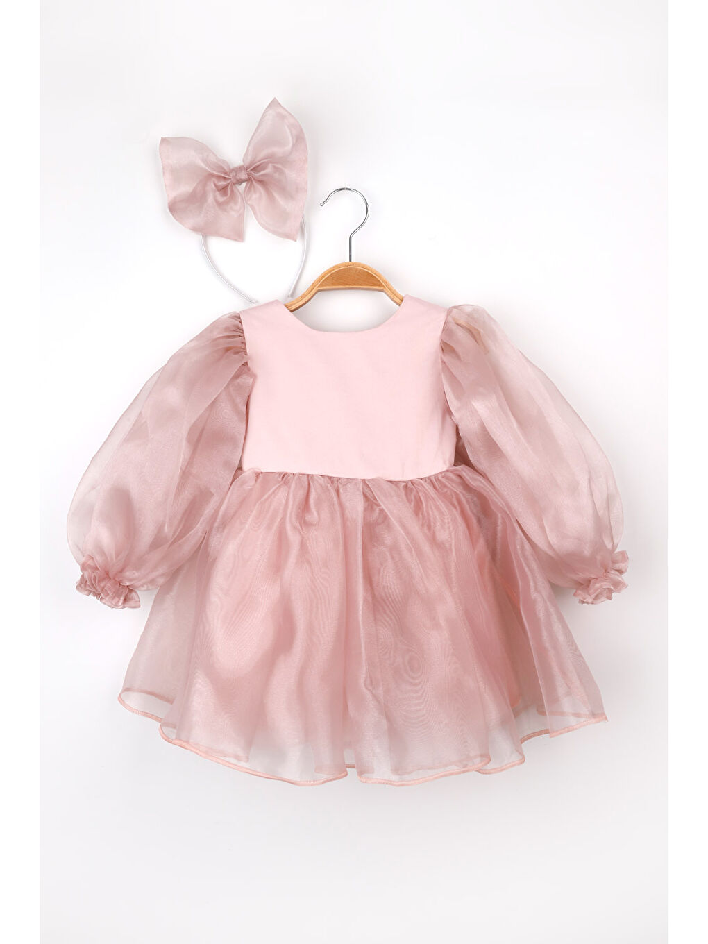 Pembe Pudra Uzun Kollu Organze Kız Çocuk Parti Elbisesi - Sage-1