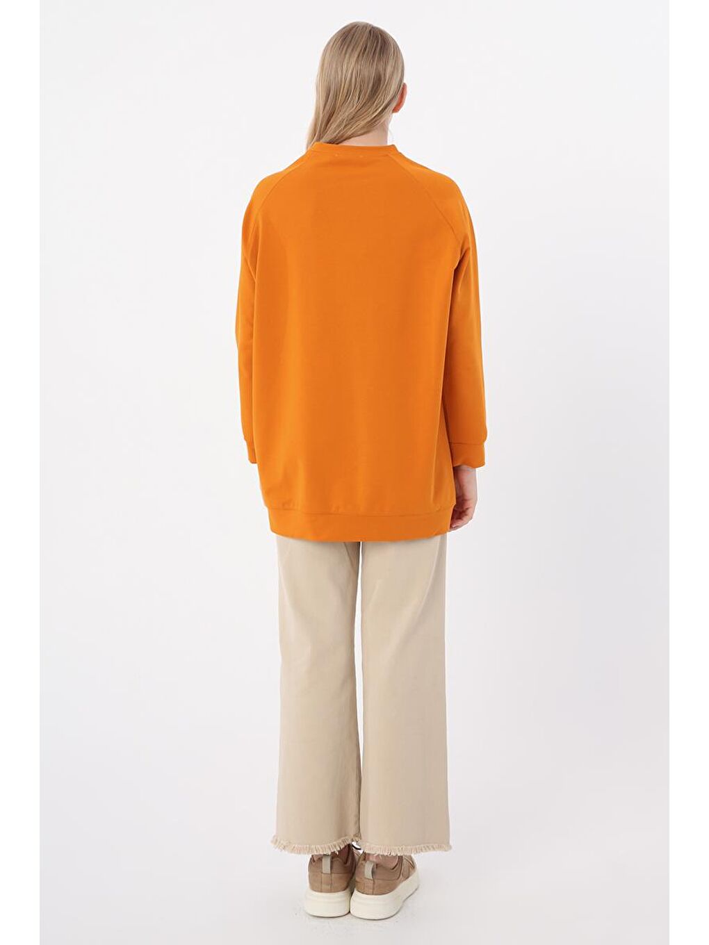 Turuncu-Bisiklet Yaka Reglan Kol Elastanlı Sweat-3