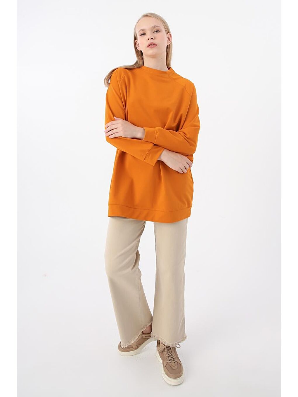 Turuncu-Bisiklet Yaka Reglan Kol Elastanlı Sweat-4