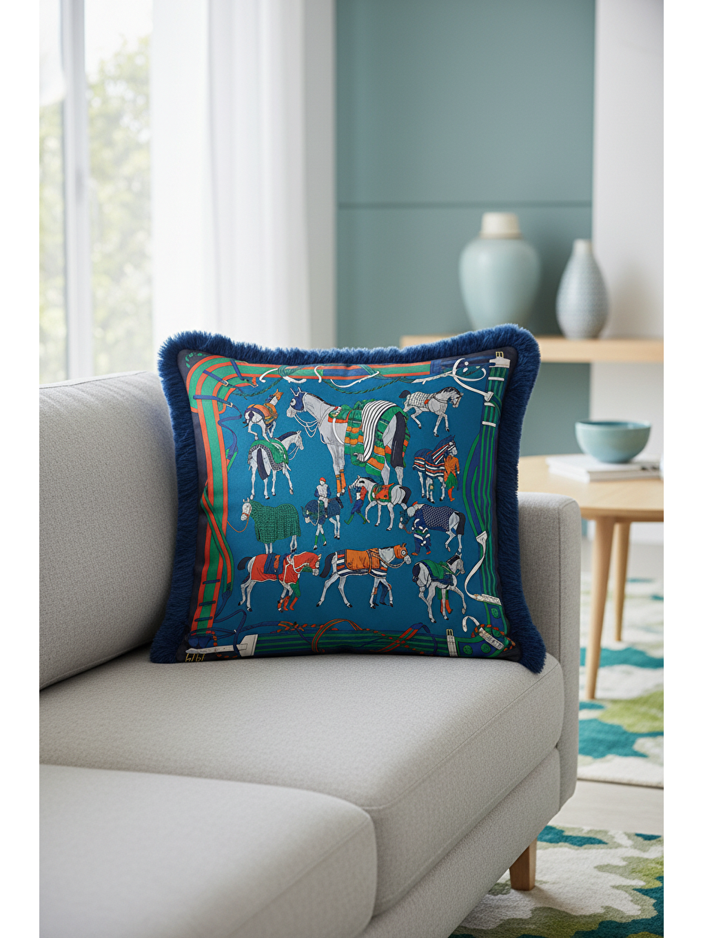 Karışık At Figürlü Lüks Saçaklı Yastık Kılıfı - Zarif Binici Temalı Klasik Mavi Püsküllü Kırlent Kılıfı-1