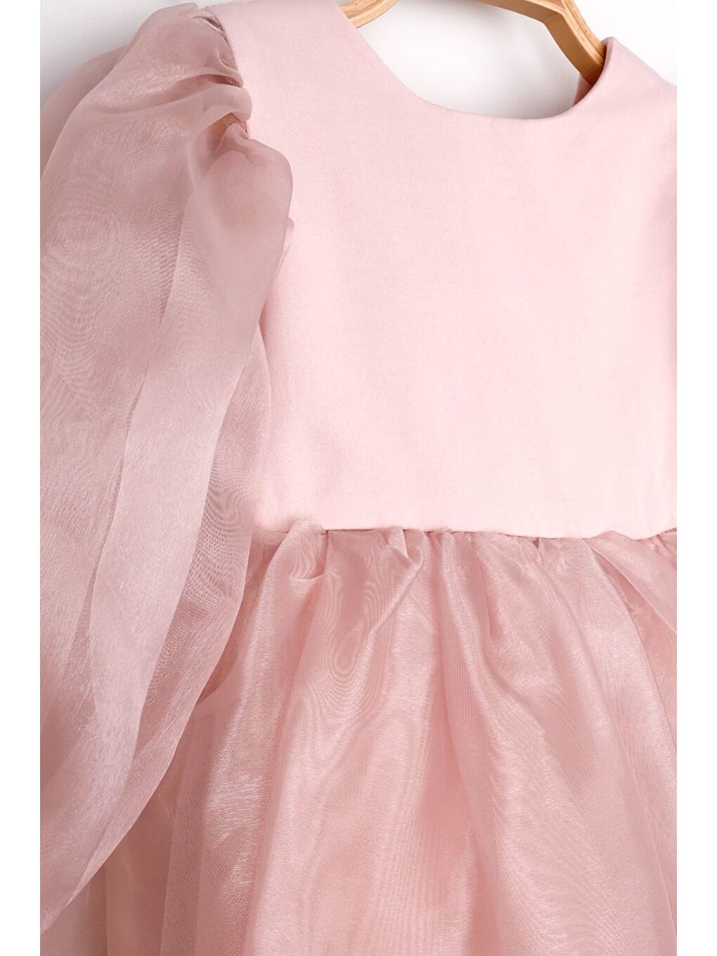 Pembe Pudra Uzun Kollu Organze Kız Çocuk Parti Elbisesi - Sage-3