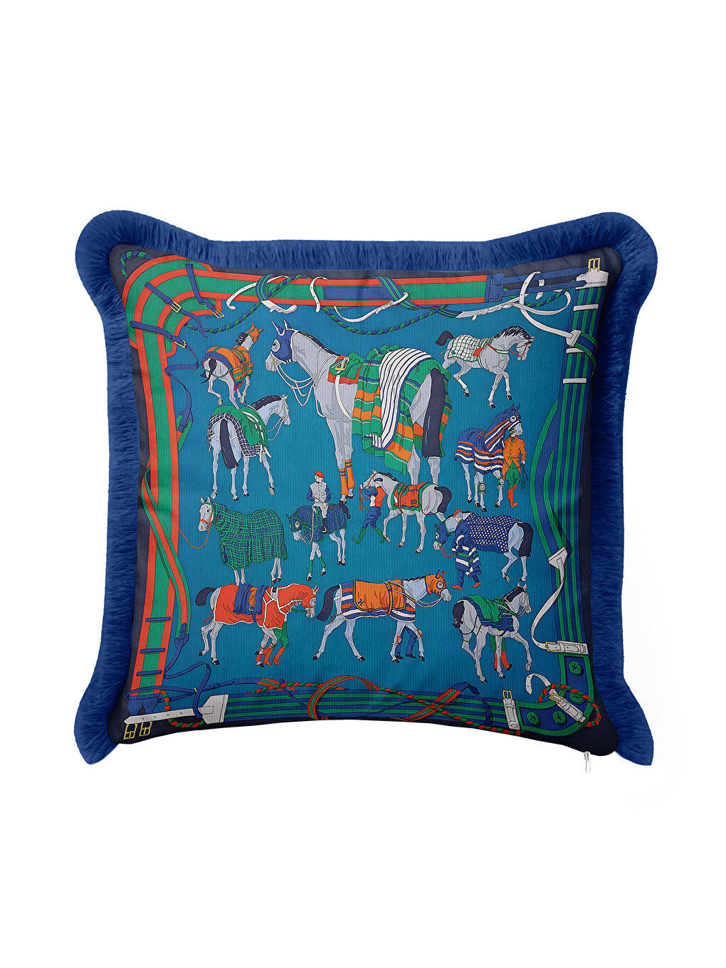 Karışık At Figürlü Lüks Saçaklı Yastık Kılıfı - Zarif Binici Temalı Klasik Mavi Püsküllü Kırlent Kılıfı-2