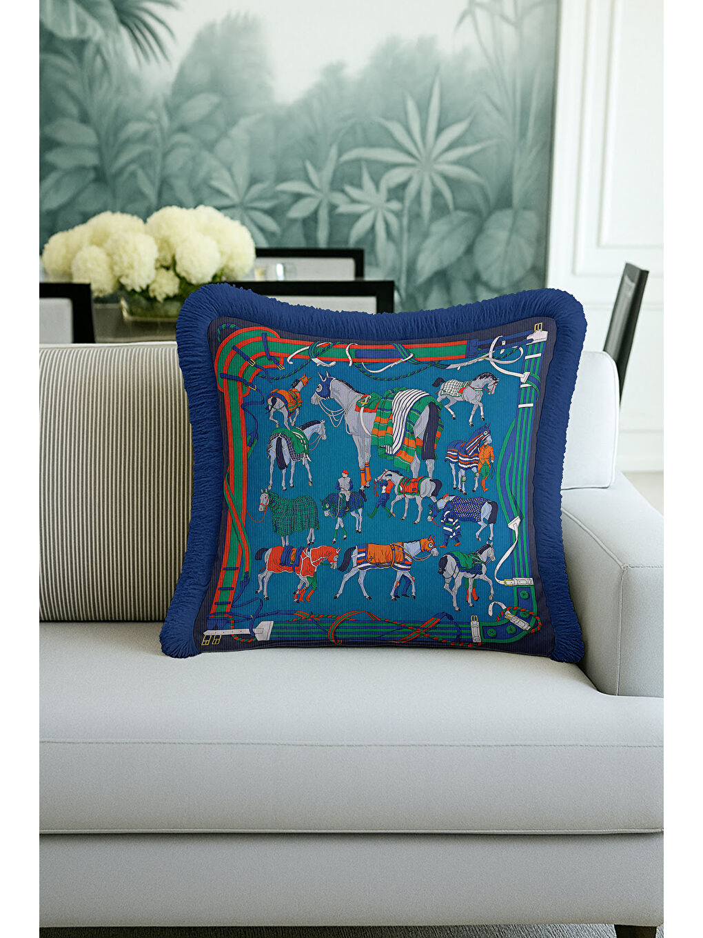 Karışık At Figürlü Lüks Saçaklı Yastık Kılıfı - Zarif Binici Temalı Klasik Mavi Püsküllü Kırlent Kılıfı-3