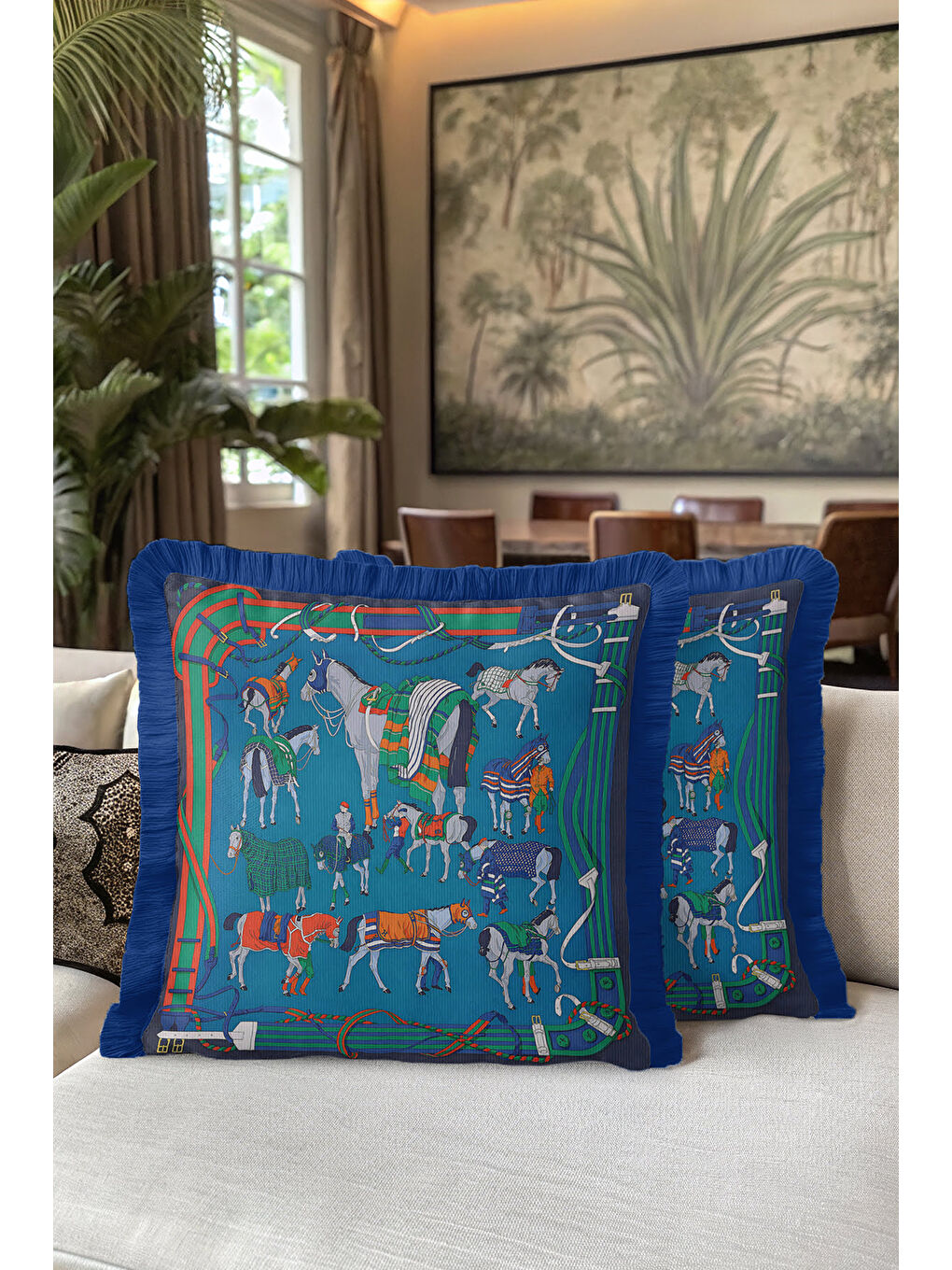 Karışık At Figürlü Lüks Saçaklı Yastık Kılıfı - Zarif Binici Temalı Klasik Mavi Püsküllü Kırlent Kılıfı-5