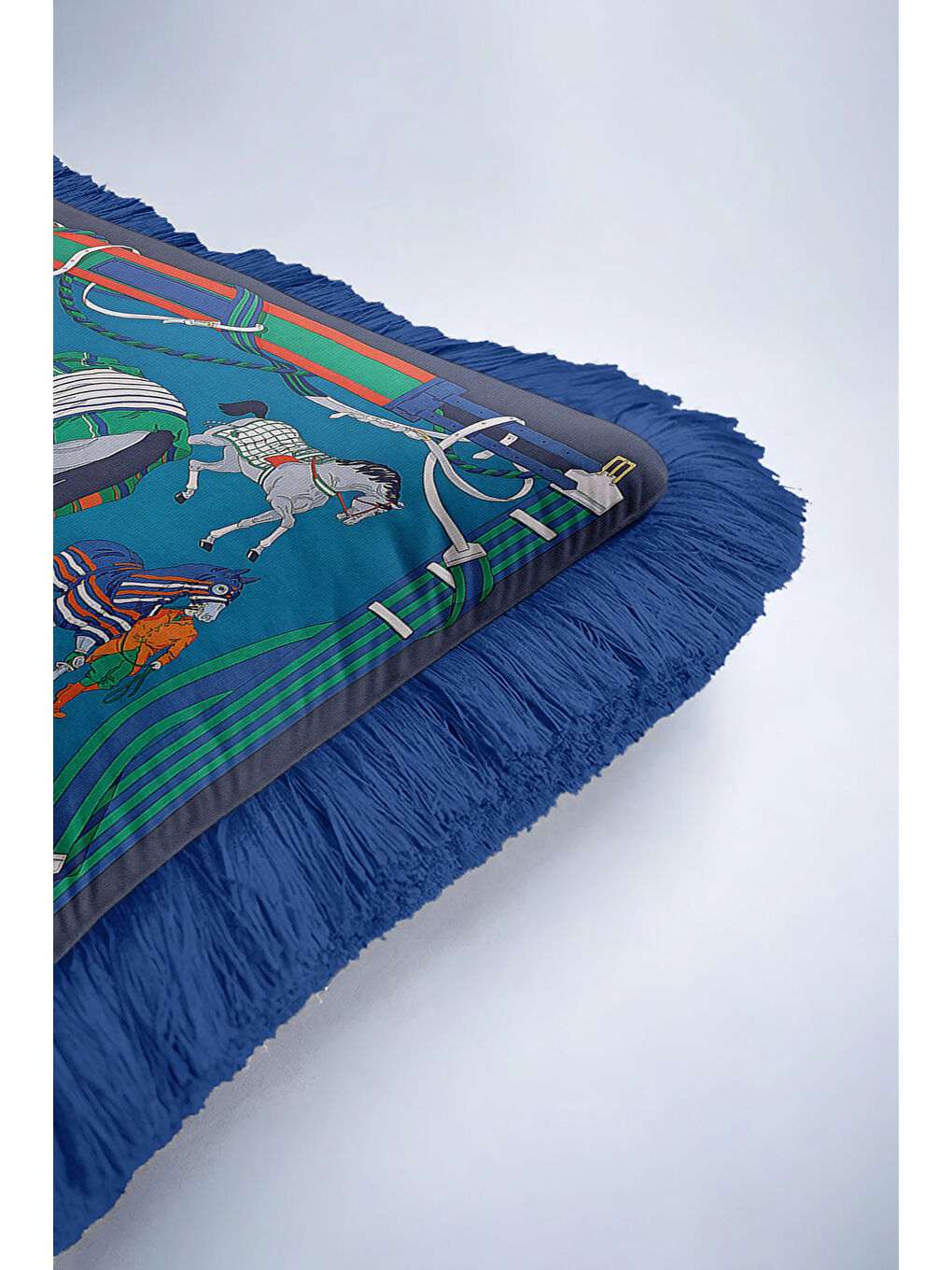 Karışık At Figürlü Lüks Saçaklı Yastık Kılıfı - Zarif Binici Temalı Klasik Mavi Püsküllü Kırlent Kılıfı-6