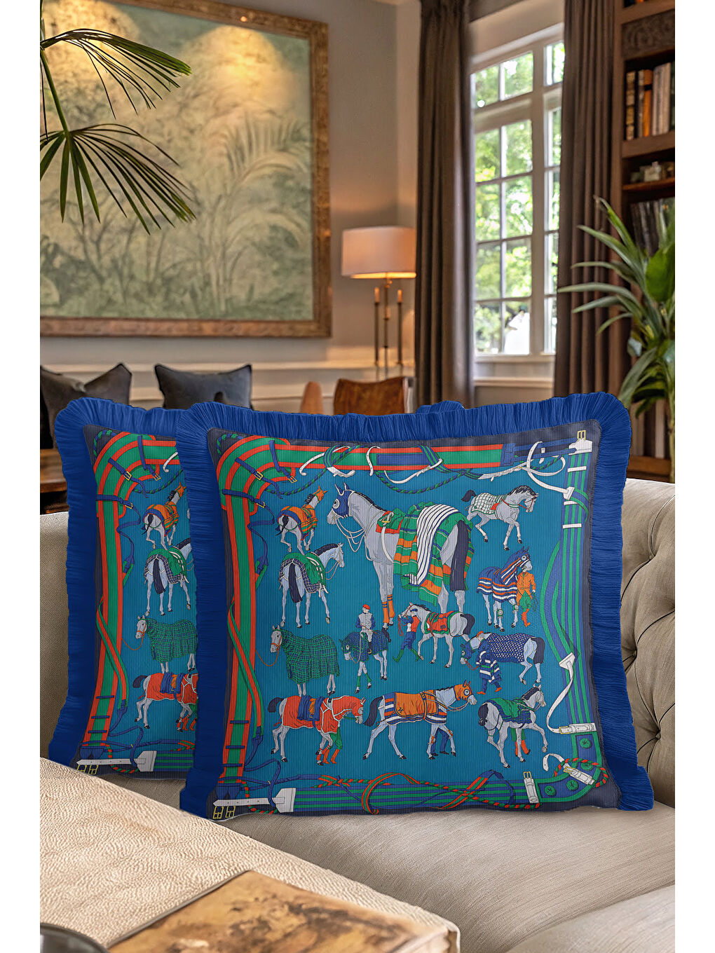 Karışık At Figürlü Lüks Saçaklı Yastık Kılıfı - Zarif Binici Temalı Klasik Mavi Püsküllü Kırlent Kılıfı-7