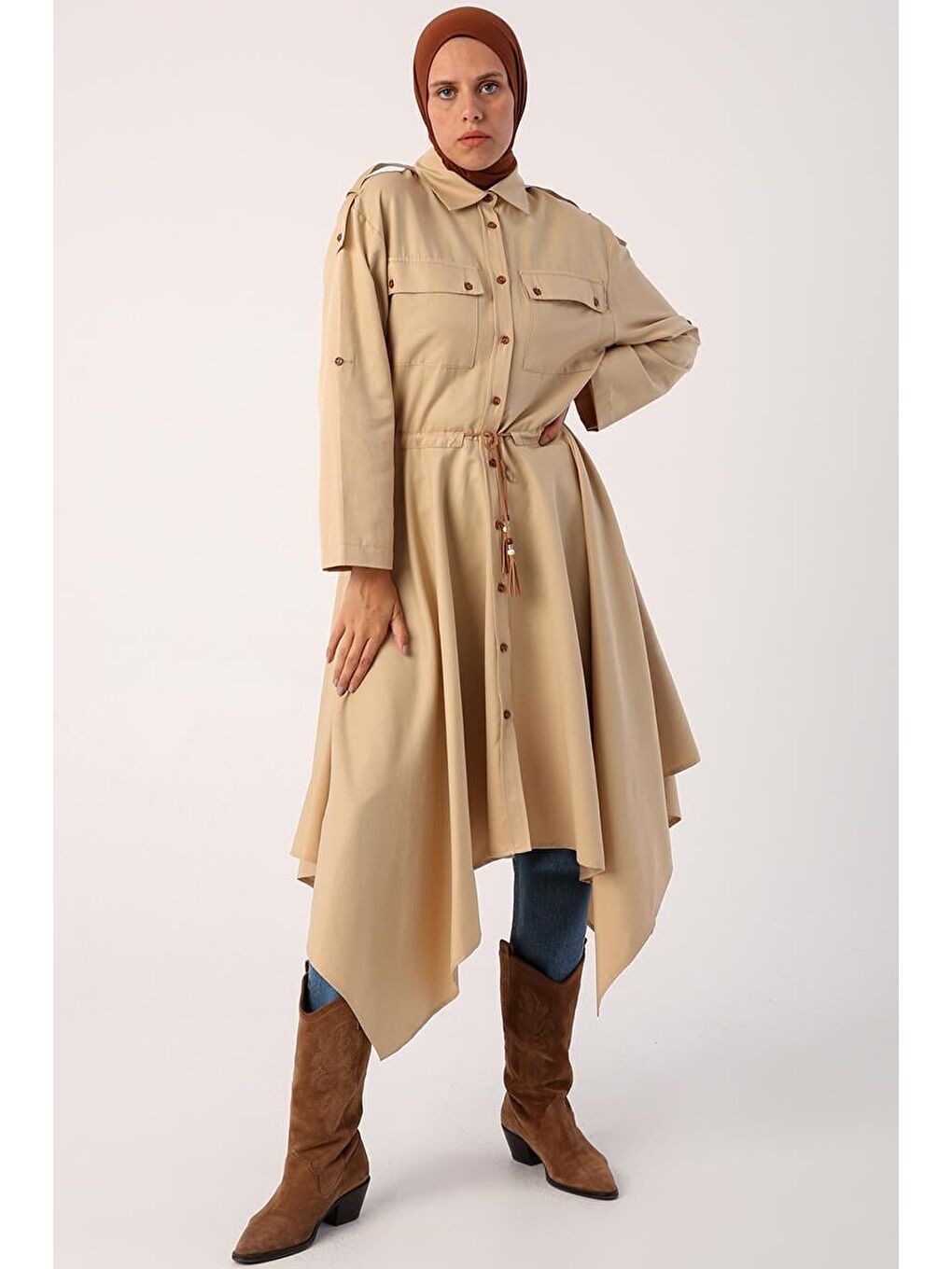 Bej Asimetrik Etekli Apoletli Gömlek Tunik-1