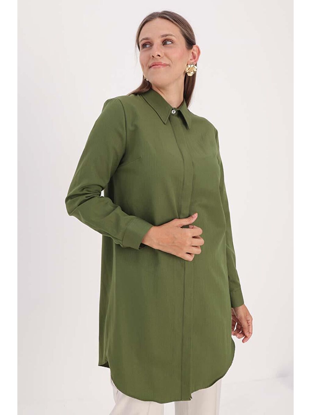 Haki Basic Gizli Patlı Gömlek Tunik