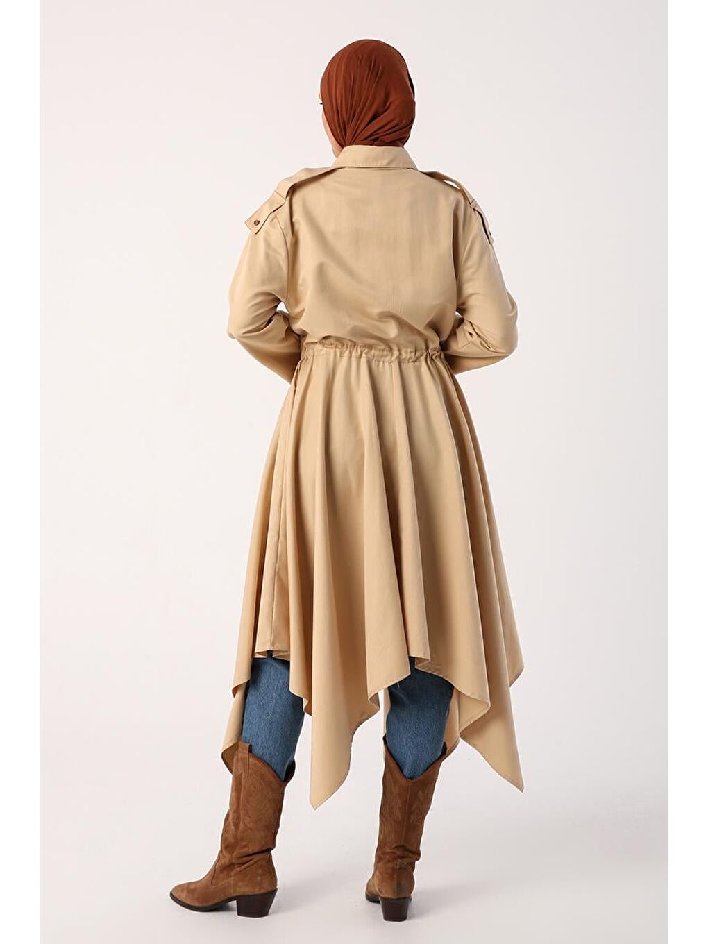 Bej Asimetrik Etekli Apoletli Gömlek Tunik-3