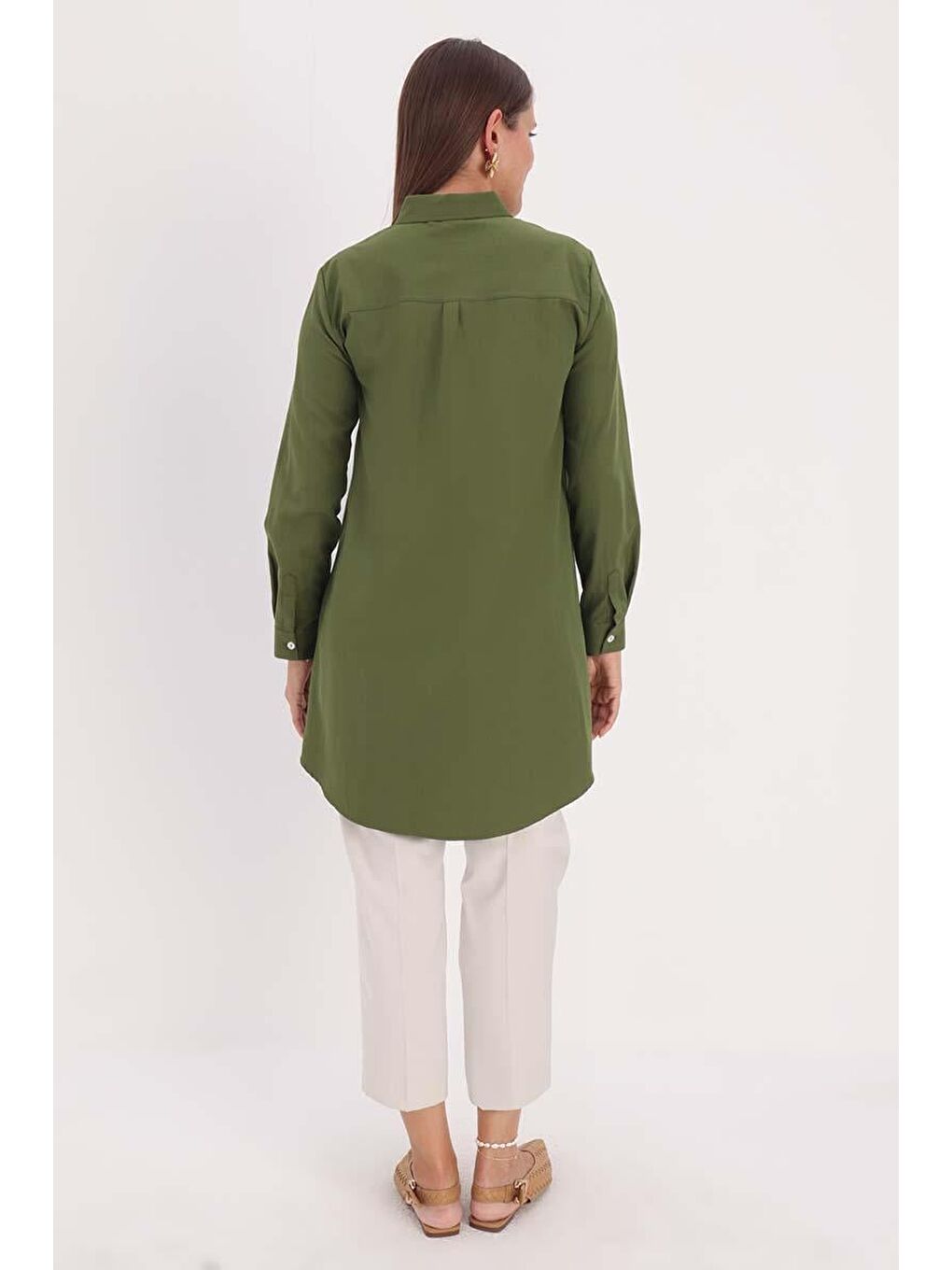 Haki Basic Gizli Patlı Gömlek Tunik-2