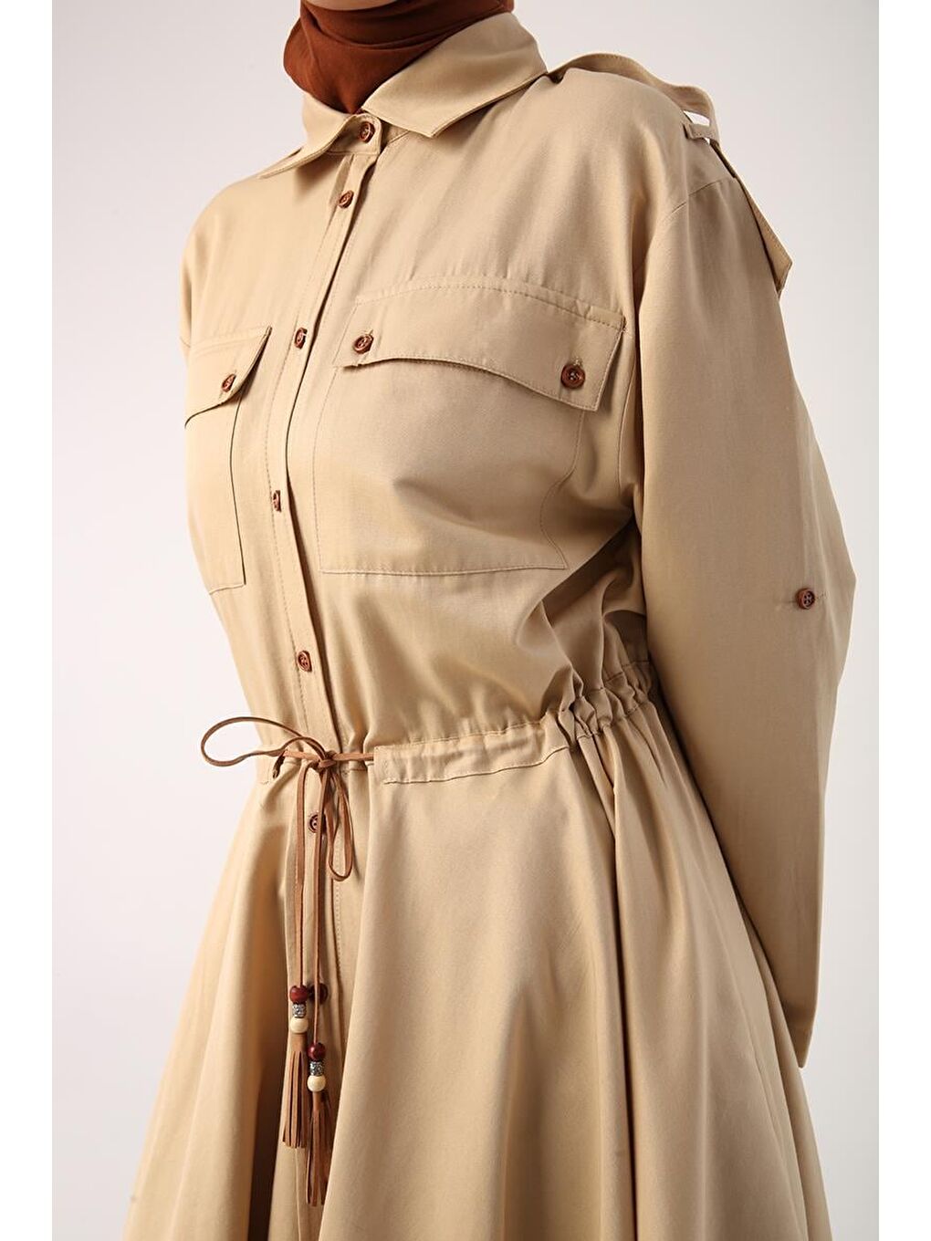 Bej Asimetrik Etekli Apoletli Gömlek Tunik-4