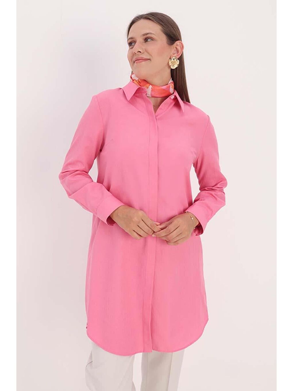 Pembe Basic Gizli Patlı Gömlek Tunik