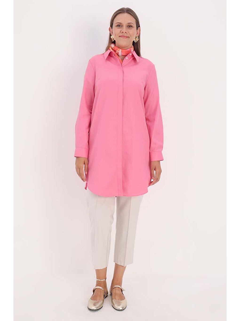 Pembe Basic Gizli Patlı Gömlek Tunik-1