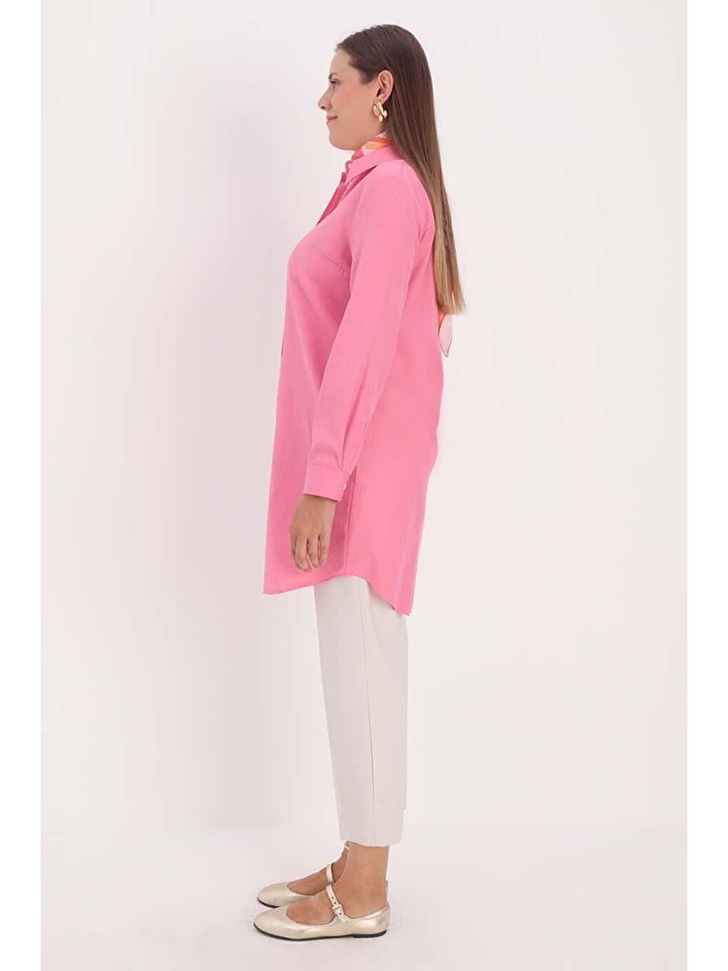 Pembe Basic Gizli Patlı Gömlek Tunik-2
