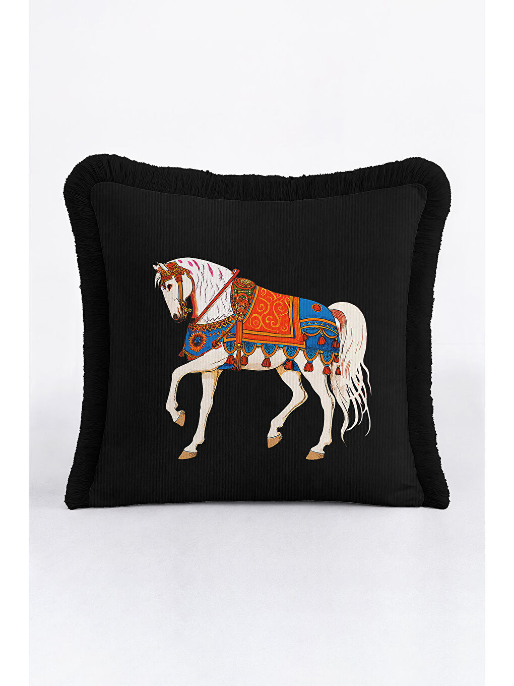 Karışık Saray Motifli Saçaklı Yastık Kılıfı - At Figürü Bohem Siyah Mavi Turuncu Püsküllü Kırlent Kılıfı-1