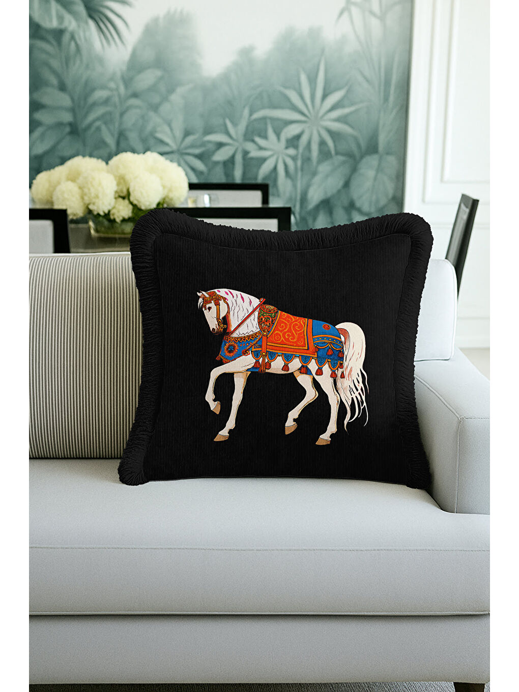 Karışık Saray Motifli Saçaklı Yastık Kılıfı - At Figürü Bohem Siyah Mavi Turuncu Püsküllü Kırlent Kılıfı-2