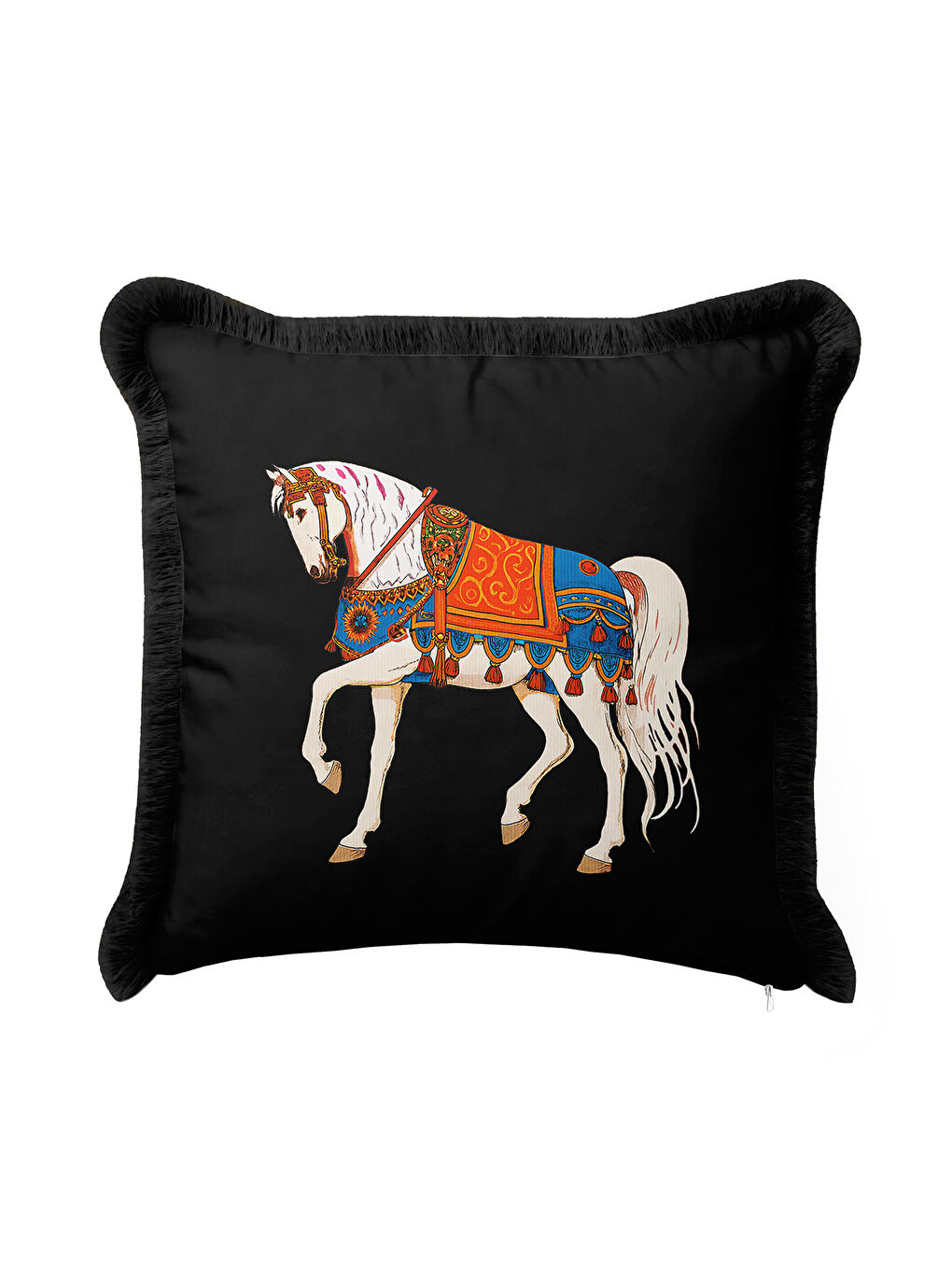 Karışık Saray Motifli Saçaklı Yastık Kılıfı - At Figürü Bohem Siyah Mavi Turuncu Püsküllü Kırlent Kılıfı-3