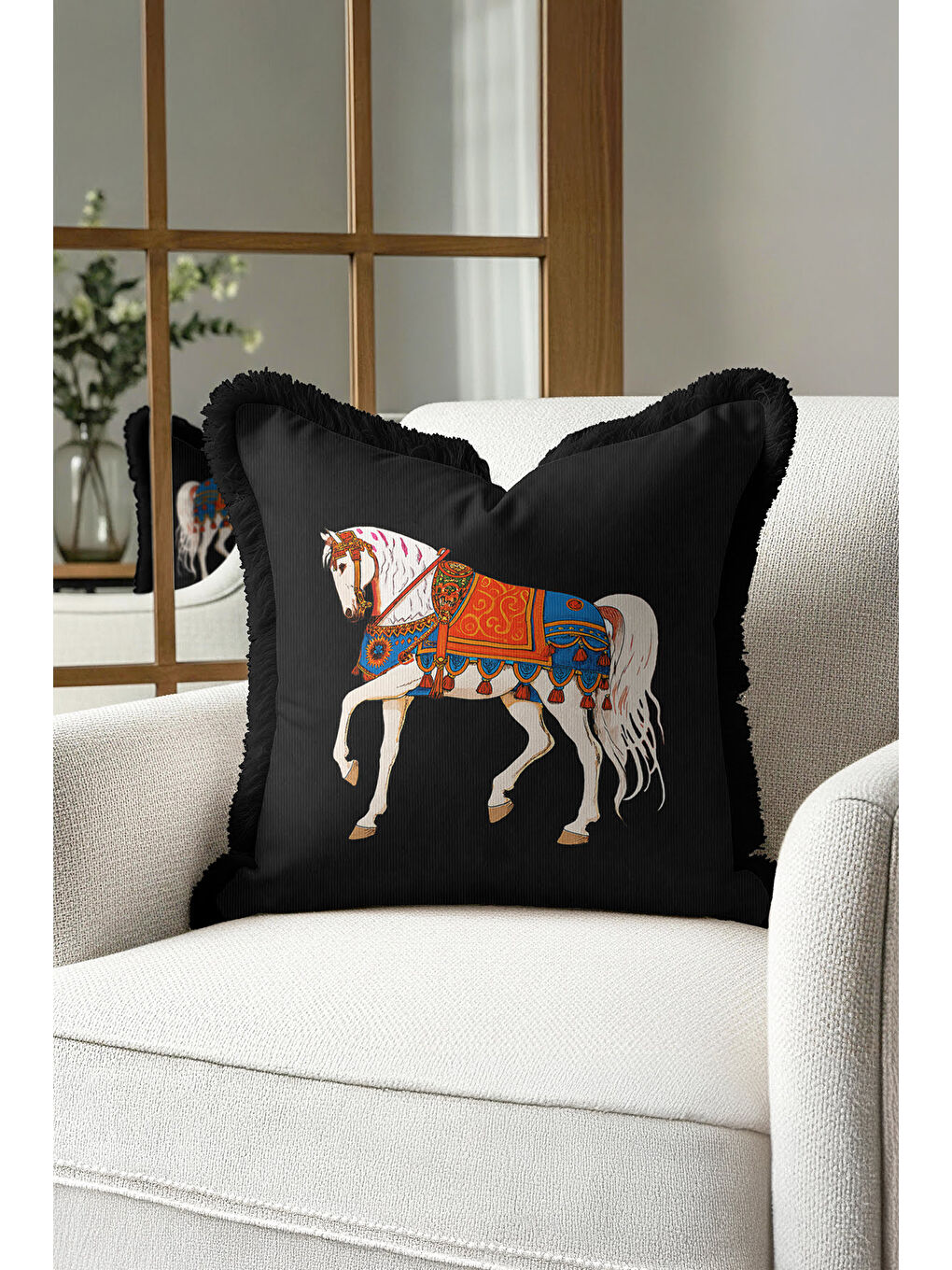 Karışık Saray Motifli Saçaklı Yastık Kılıfı - At Figürü Bohem Siyah Mavi Turuncu Püsküllü Kırlent Kılıfı-4