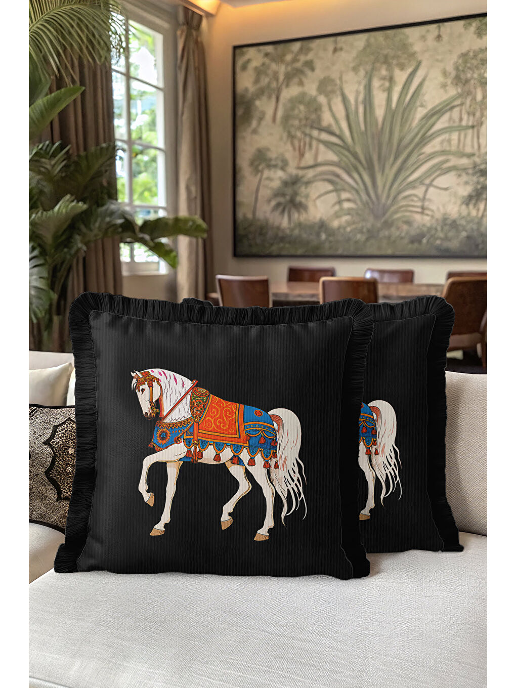 Karışık Saray Motifli Saçaklı Yastık Kılıfı - At Figürü Bohem Siyah Mavi Turuncu Püsküllü Kırlent Kılıfı-5