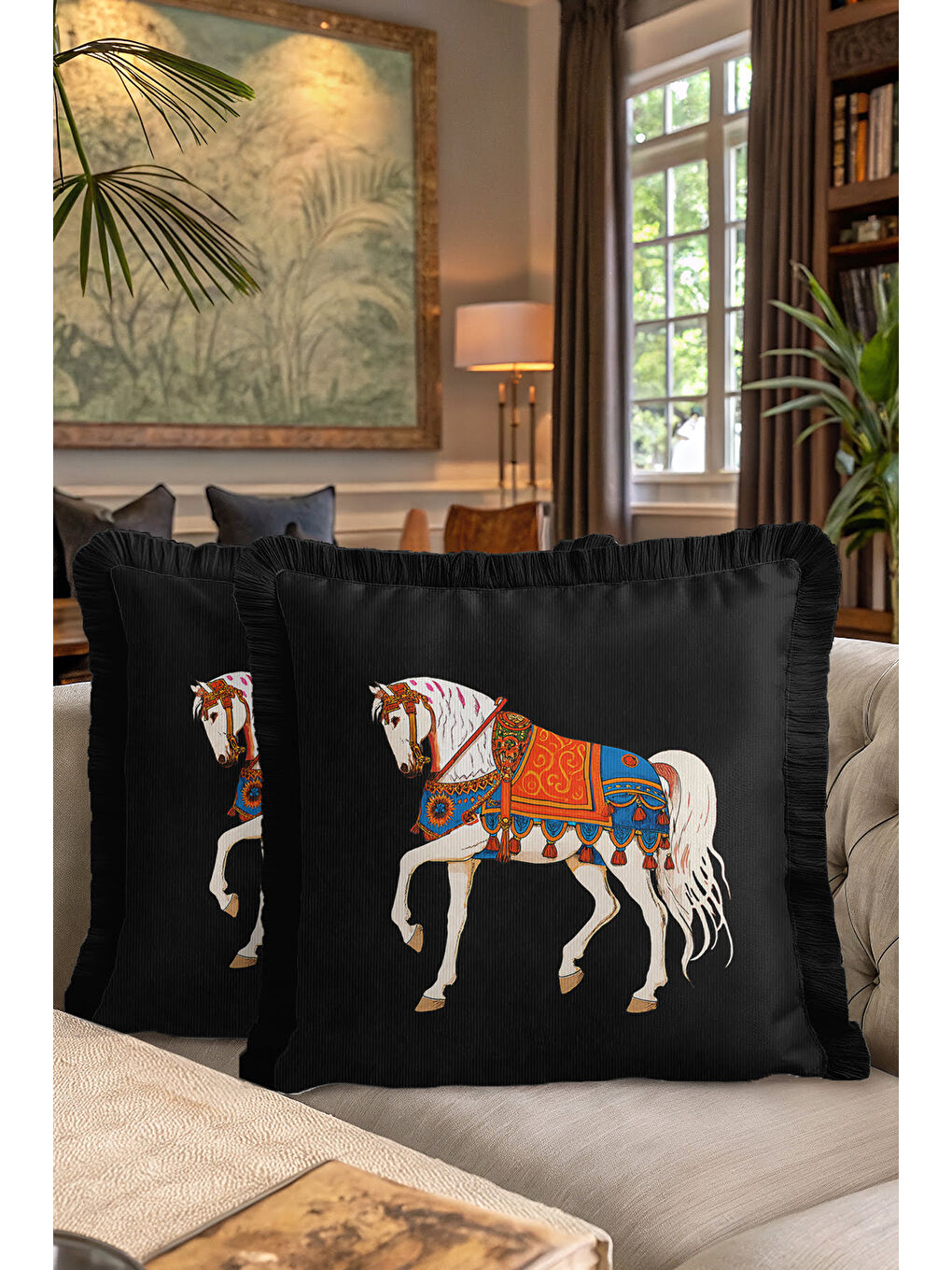 Karışık Saray Motifli Saçaklı Yastık Kılıfı - At Figürü Bohem Siyah Mavi Turuncu Püsküllü Kırlent Kılıfı-7