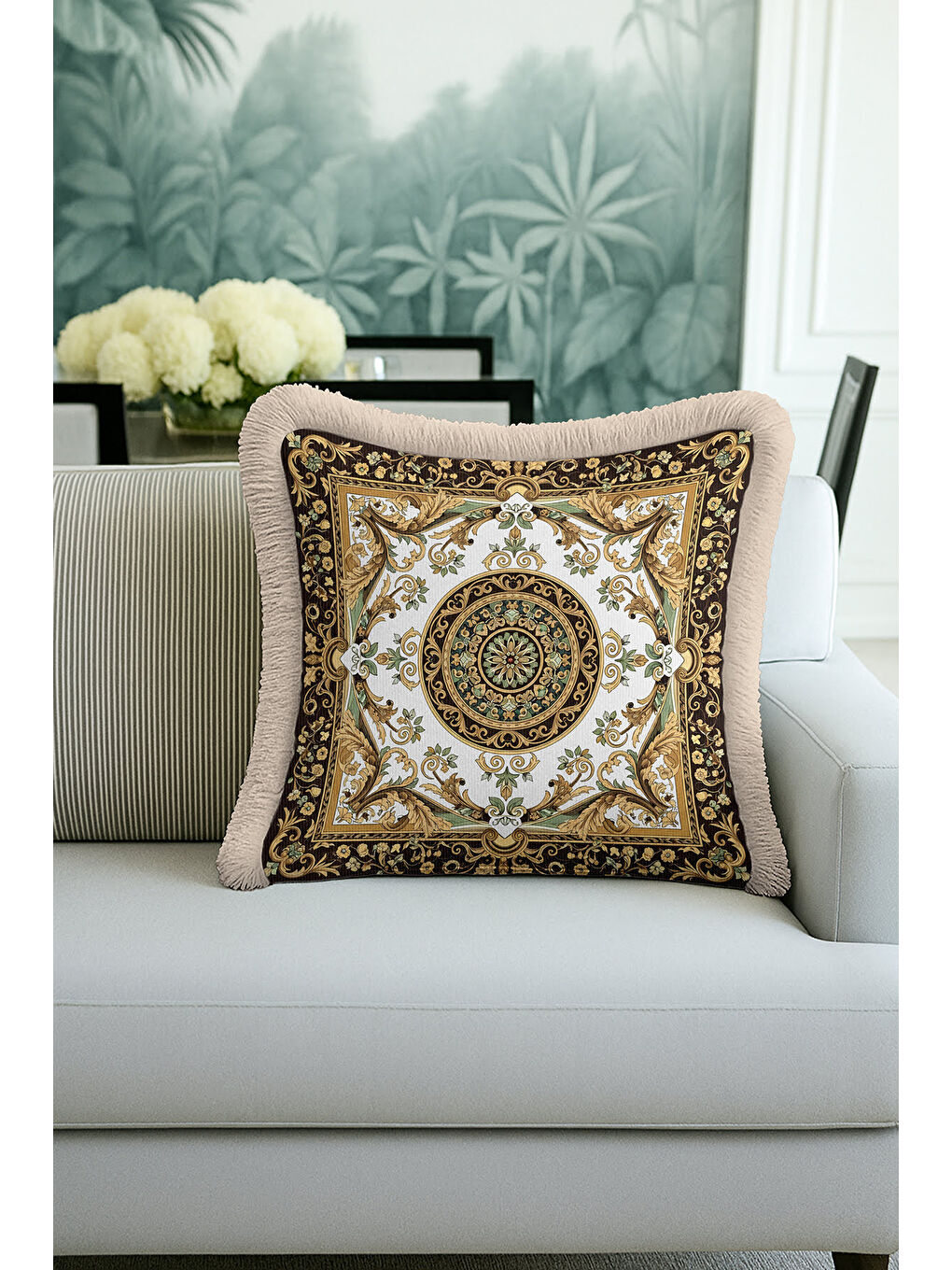 Karışık Barok Lüks Altın Renkli Saçaklı Yastık Kılıfı - Klasik Saray Stili Elegant Püsküllü Kırlent Kılıfı