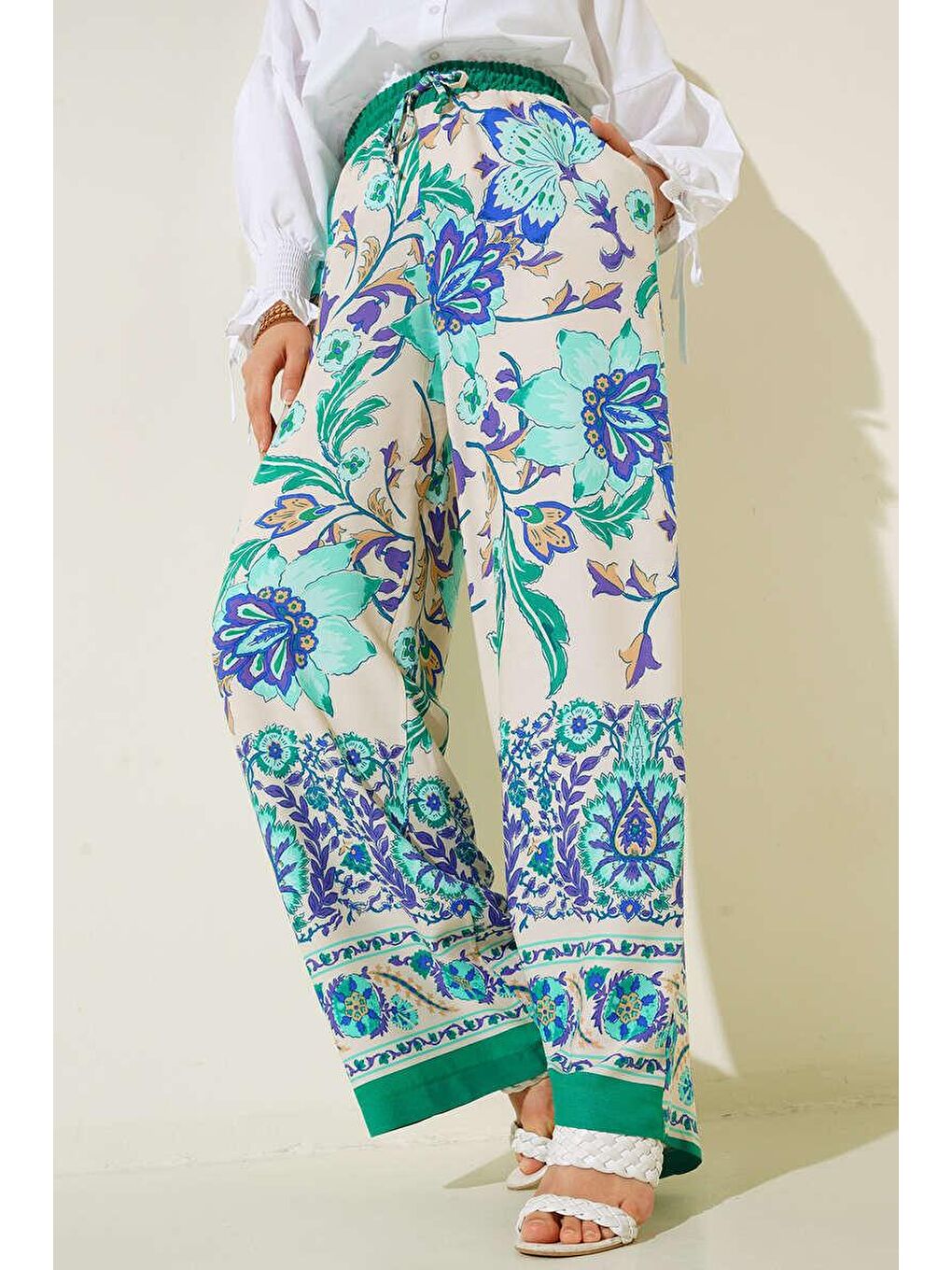 6617 Renkli Desenli Salaş Pantolon - Yeşil-1