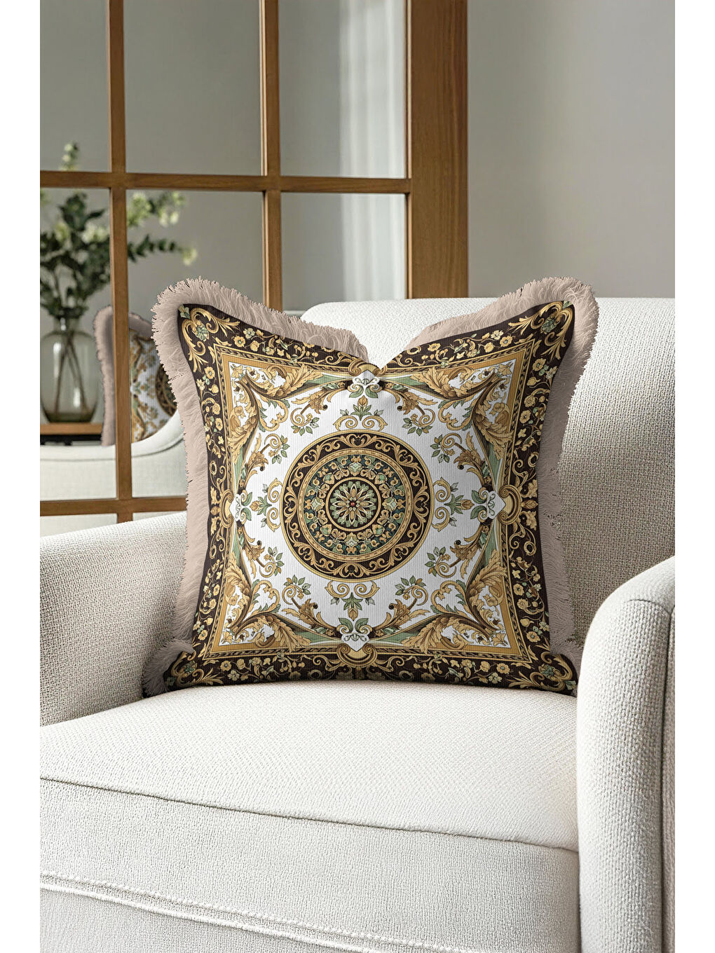 Karışık Barok Lüks Altın Renkli Saçaklı Yastık Kılıfı - Klasik Saray Stili Elegant Püsküllü Kırlent Kılıfı-2