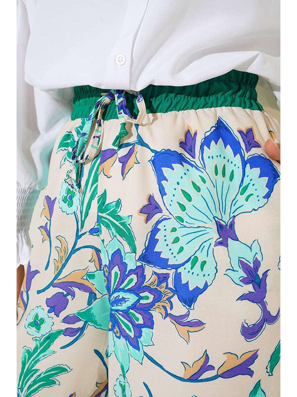 6617 Renkli Desenli Salaş Pantolon - Yeşil-3