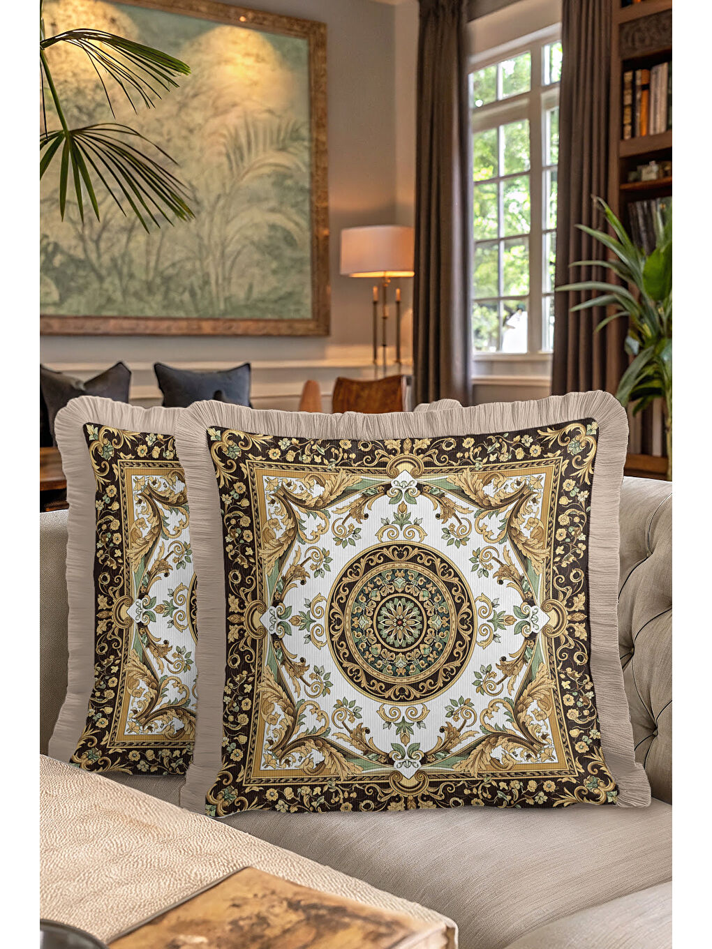 Karışık Barok Lüks Altın Renkli Saçaklı Yastık Kılıfı - Klasik Saray Stili Elegant Püsküllü Kırlent Kılıfı-7