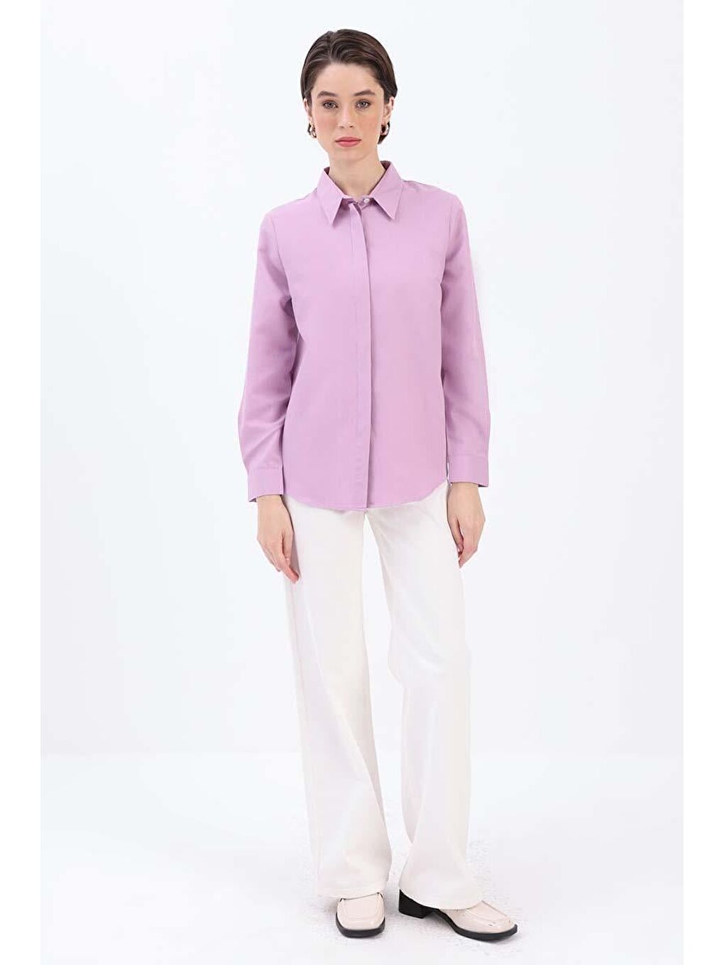 Lila Pamuklu Gizli Patlı Gömlek-1