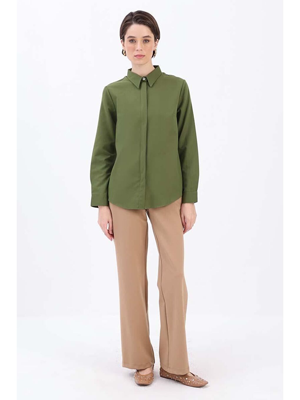 Haki Pamuklu Gizli Patlı Gömlek-1